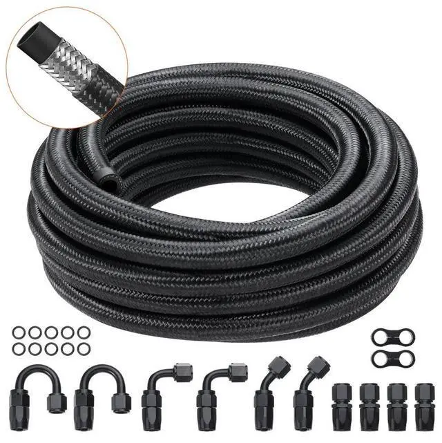 Main image of VEVOR 8AN Fuel Line Kit, 20 FT Fuel Hose Kit, 0.43" Nylon Stainless Steel Braided Fuel Line Oil/Gas/Diesel Hose End Fitting Kit, with 12 PCS Swivel Fitting Adapter Kit, Black