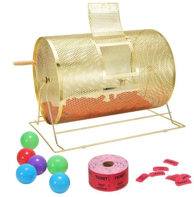 Main image of VEVOR Raffle Drum,Holds 10000 Tickets or 300 Ping Pong Balls, Metal Lottery Spinning Drawing with Wooden Turning Handle, 14.8 x Ø21.26 inch Brass Plated Raffle Ticket Spinning Cage, for Bingo Ballot