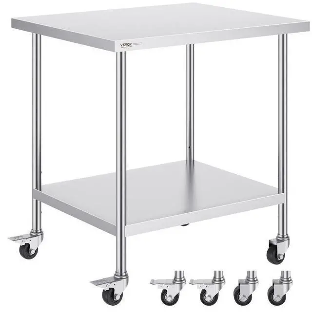 Main image of VEVOR Stainless Steel Work Table 30 x 36 x 38 Inch, with 4 Wheels, 3 Adjustable Height Levels, Heavy Duty Food Prep Worktable for Commercial Kitchen Restaurant, Silver