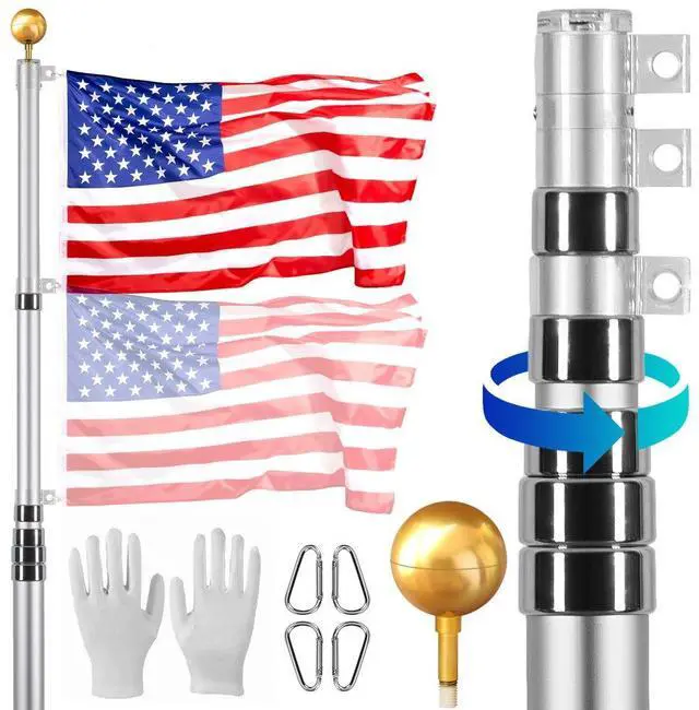 Main image of VEVOR 30FT Telescoping Flag pole Kit, Heavy Duty Aluminum Alloy in Ground Flag Poles for Outside, 3 Display Modes Flagpole with 3x5 American Flag, Professional Accessories, Silver