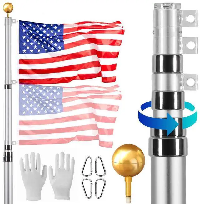 Main image of VEVOR 20FT Telescoping Flag pole Kit, Heavy Duty Aluminum Alloy in Ground Flag Poles for Outside, 3 Display Modes Flagpole with 3x5 American Flag, Professional Accessories, Silver