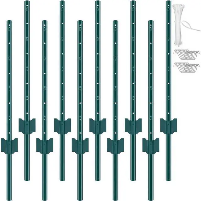 Main image of VEVOR 3 Feet Fence Post 10 Pack T-Post Heavy Duty Metal Fence Posts Green