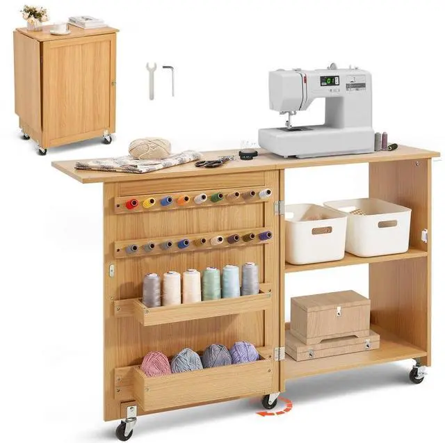 Main image of Folding Sewing Table with Lockable Wheels Storage Shelves Trays Door Wood Color