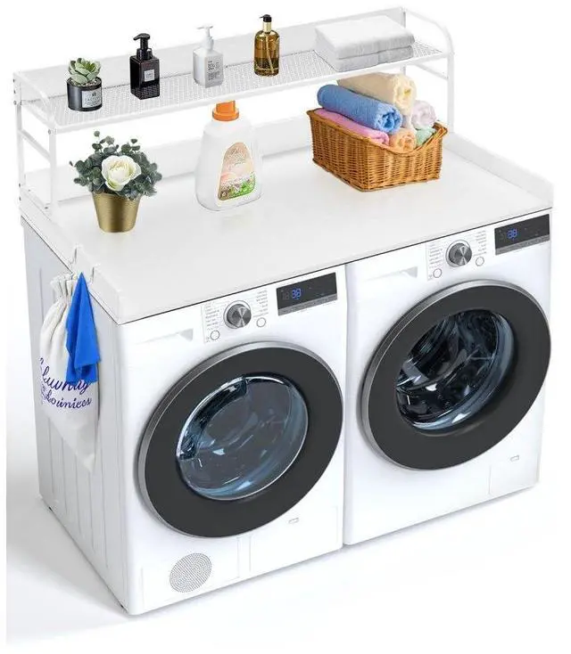 Main image of Washer Dryer Countertop for the Top, Wood Washer Dryer Topper with 2-Tier Shelf Universal Fit, Laundry Countertop with Edge Rails, 54" Width x 27" Depth Laundry Counter Storage Organization, White