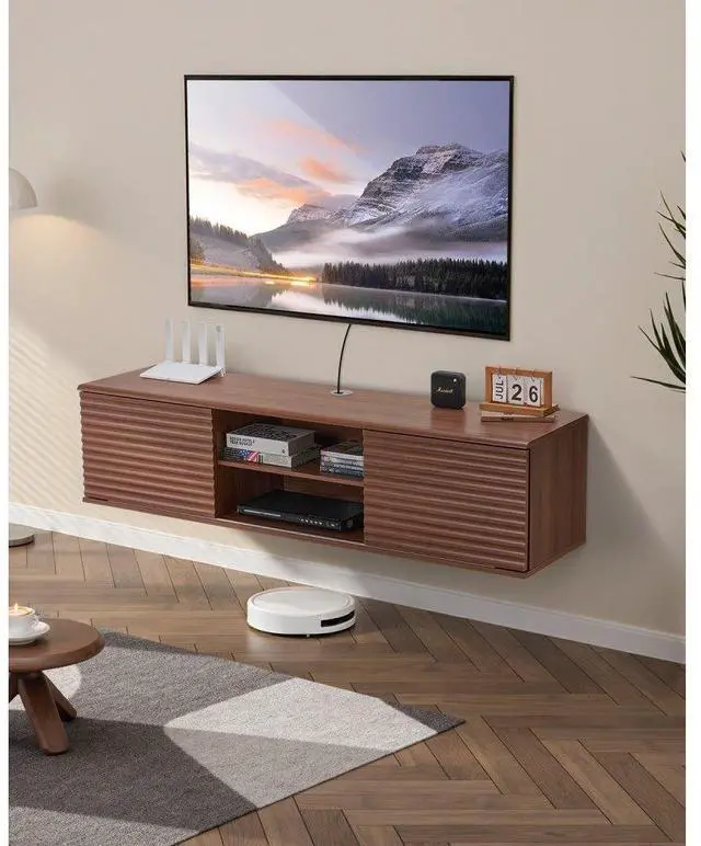 Main image of VEVOR Floating TV Stand, 60" Wall Mount Entertainment Center with Adjustable Shelf & Sliding Doors, 2 Tiers Floating TV Shelf with Storage Cabinet for DVD Player, Cable Box, Game Console, Walnut