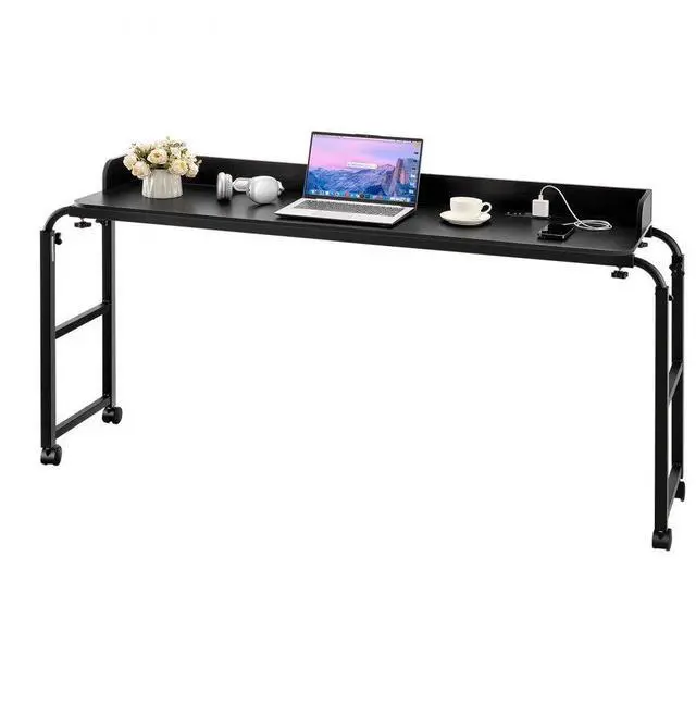 Main image of VEVOR Overbed Table: A Black Beauty! Mobile Bedside Table with 4 Wheels (2 Braked), Power Socket, and Adjustable Height. Made of ParticleboardPerfect for Home, Office, and Study