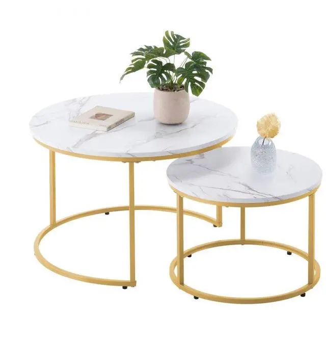 Main image of VEVOR Nesting Coffee Table Set of 2, 27.6 in Round Coffee Table, Nesting Tables for Small Place, Vintage End Side Tables Night Stand with Metal Frame, for Living Room, Bedroom, Office (White & Gold)