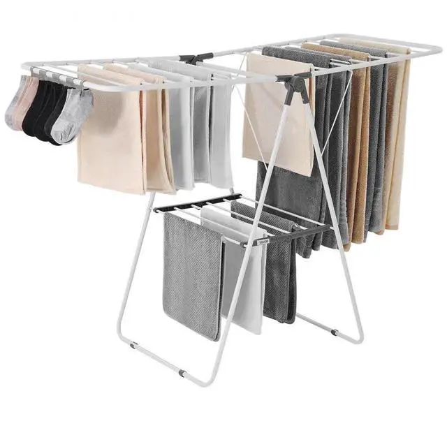 Main image of VEVOR Clothes Drying Rack, 2-Tier Foldable Laundry Dryer Rack with Sock Clips & 21 Drying Rods, Metal Height Adjustable Drying Racks for Outdoor & Indoor, Free-Standing & Space-Saving Hanger, White