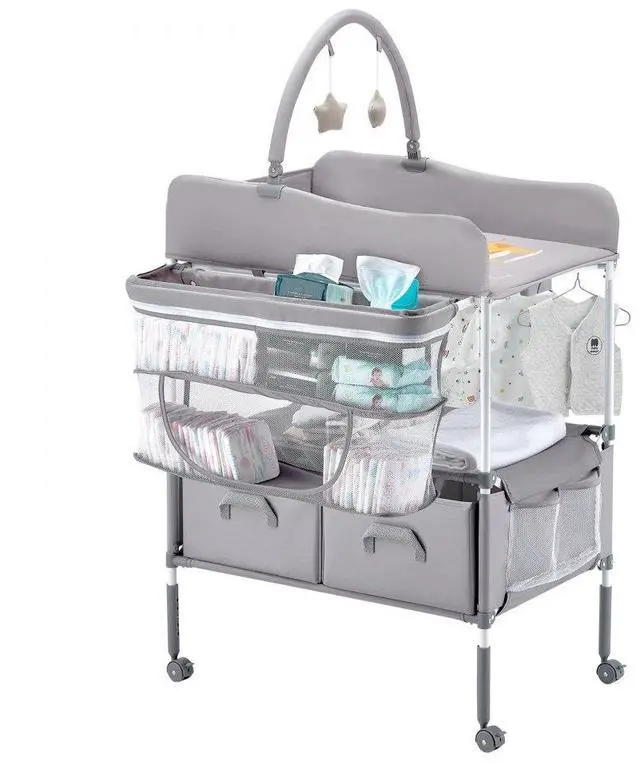 Main image of VEVOR Baby Changing Table, Foldable Diaper Change Station with 2 Fabric Drawers, Side Basket & Hanging Rod, Adjustable Height Portable Changing Table with Lockable Wheels & 2 Star Toys, Light Gray