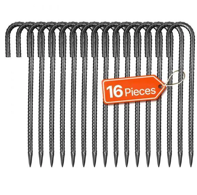 Main image of 12-Inch 16 Pack Rebar Stakes Heavy Duty J Hook Galvanized Steel Ground Anchors