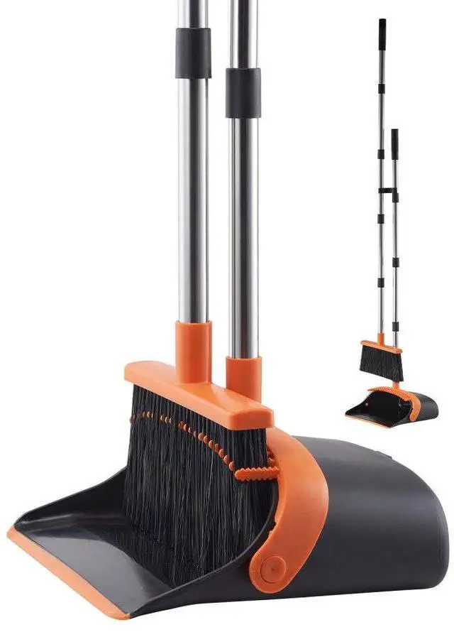 Main image of VEVOR Broom and Dustpan Set, Heavy Duty Dustpan and Broom Combo with Self-Cleaning Teeth, Metal Upright Standing Dust Pan with Long Handle, Ideal for Home, Restaurant, Office, Dorm, Black+Orange