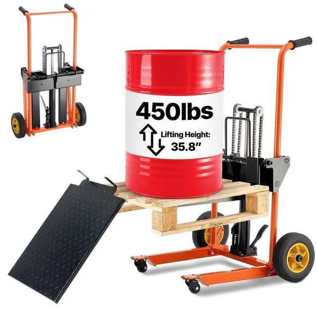 Main image of VEVOR Hydraulic Material Lift Winch Stacker, 450 lbs Load Capacity, Pallet Truck Dolly with Fork Lift Table, 35.8 Inches Max Lifting Height, Foldable & Portable Pallet Jack Table Cart, Yellow & Black