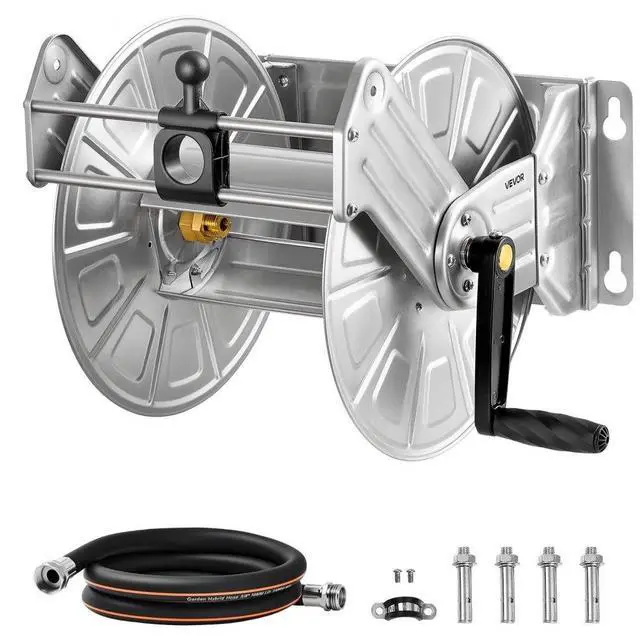 Main image of Wall Mounted Garden Hose Reel 150ft 5/8 in Hose Winder Brass Fitting Hose Guide