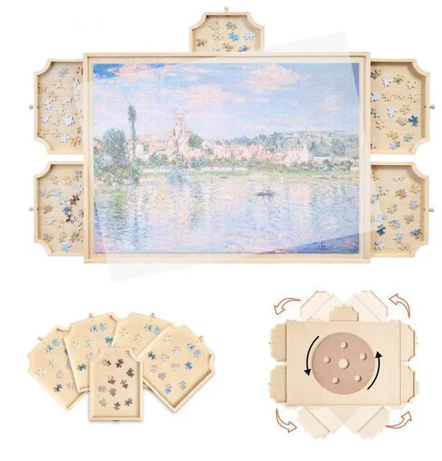 Main image of 1000 Piece Puzzle Board with Drawer Cover Portable Wooden Jigsaw 29x21 in