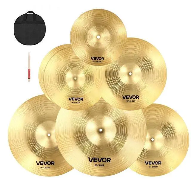 Main image of VEVOR Cymbal Pack, 6 Pieces Cymbals for Drum Set, Alloy Cymbals Drum Set Includes 14-inch Hi-Hats, 16-inch Crash, 18-inch Crash, 20-inch Ride, 10-inch Splash, 16-inch China, Drumsticks & Cymbal Bag