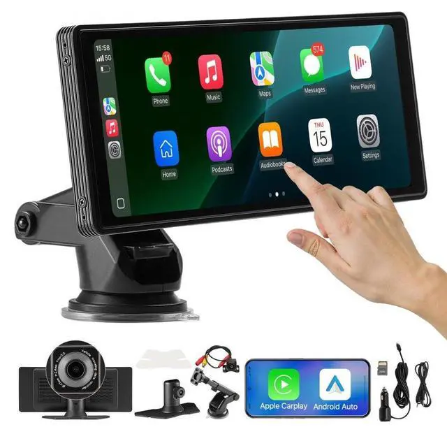 Main image of VEVOR Wireless Car Stereo, 10-Inch HD Portable Radio Touch Screen with Apple CarPlay and Android Auto, CarPlay Screen with Front & Backup Cameras, Voice Control, Mirror Link, Bluetooth, GPS Navigation