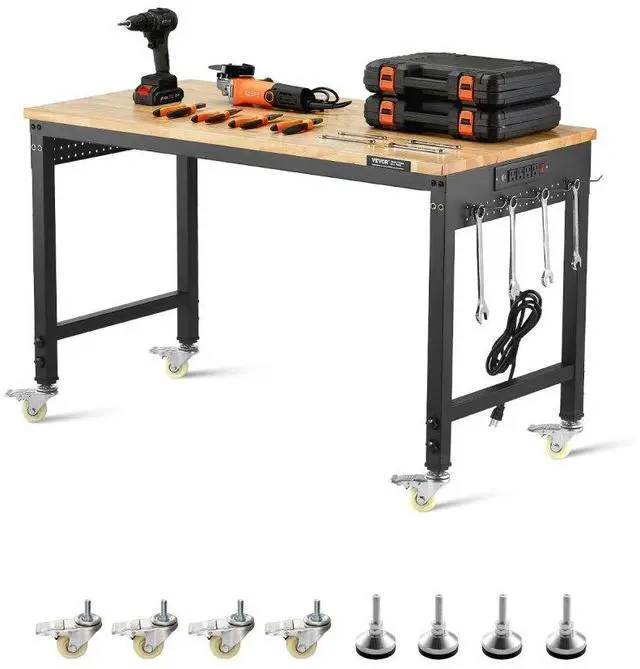 Main image of VEVOR 48-Inch Adjustable Workbench, 2000 lbs Load, Work Bench with Power Outlet, Wheels, and Pegboard, Heavy Duty Oak Wood Top Work Table for Garage, Workshop, Office, and Home