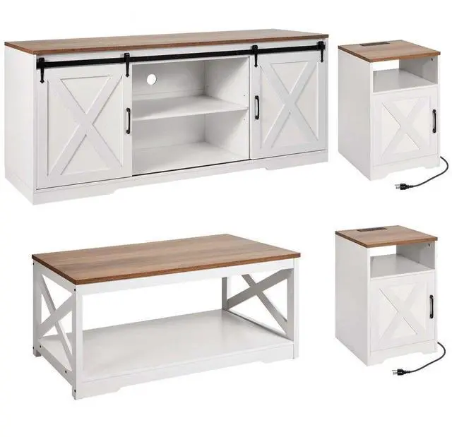 Main image of 4 Piece Farmhouse Coffee Table Set with 66 in TV Stand & 2 End Tables