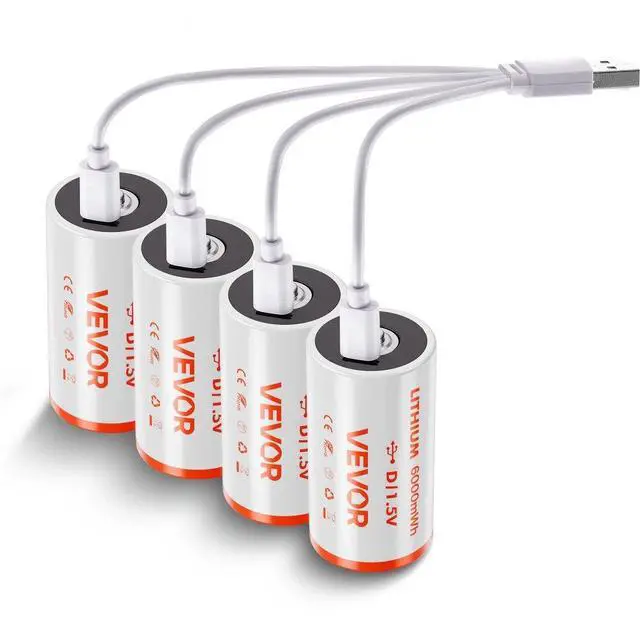 Main image of VEVOR Rechargeable D Batteries 4 Pack 1.5V 6000mWh Lithium D Battery USB-C Cable