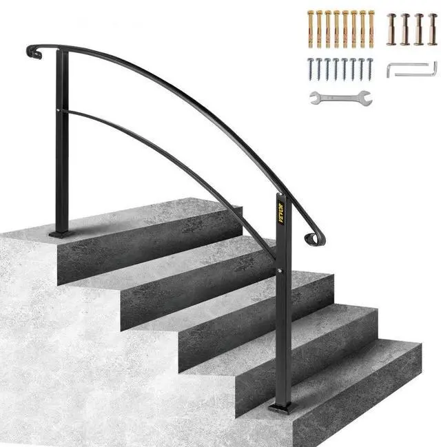Main image of VEVOR Handrails for Outdoor Steps, Fit 1 or 5 Steps Outdoor Stair Railing, Black Wrought Iron Handrail, Flexible Front Porch Hand Rail, Transitional Handrails for Concrete Steps or Wooden Stairs
