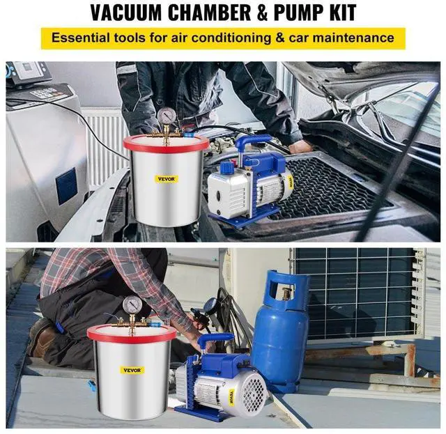 Alt view image 2 of 7 - VEVOR Vacuum Pump 3.6CFM 1/4 HP Single Stages HVAC A/C Refrigeration Kit 5PA Ultimate Vacuum Manifold Gauge Set Including 3 Gallon Vacuum Chamber, Manifold Gauge and Hose for Air Conditioning Systems