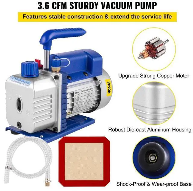 Alt view image 3 of 7 - VEVOR Vacuum Pump 3.6CFM 1/4 HP Single Stages HVAC A/C Refrigeration Kit 5PA Ultimate Vacuum Manifold Gauge Set Including 3 Gallon Vacuum Chamber, Manifold Gauge and Hose for Air Conditioning Systems
