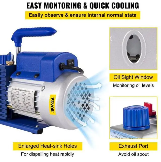 Alt view image 5 of 7 - VEVOR Vacuum Pump 3.6CFM 1/4 HP Single Stages HVAC A/C Refrigeration Kit 5PA Ultimate Vacuum Manifold Gauge Set Including 3 Gallon Vacuum Chamber, Manifold Gauge and Hose for Air Conditioning Systems