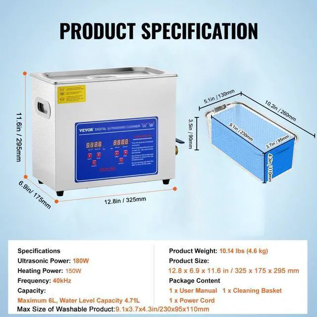 Alt view image 7 of 7 - VEVOR Commercial Ultrasonic Cleaner 6L Professional Ultrasonic Cleaner 40kHz with Digital Timer&Heater 110V Excellent Cleaning Machine for Watch Instruments Industrial Parts Excellent Cleaner Solutio