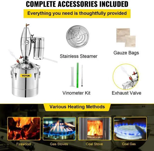 Alt view image 6 of 7 - VEVOR 30L 7.9Gal Water Alcohol Distiller 304 Stainless Steel Alcohol Distiller Home Kit Moonshine Wine Making Boiler with Thermometer (30L Distiller)