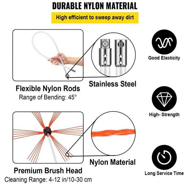 Alt view image 7 of 11 - VEVOR Chimney Sweeping Brush Rotary Chimney Brush 315inch Chimney Brush Rod Kit 8 Rods