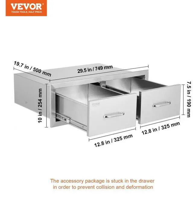 Alt view image 12 of 12 - VEVOR 30x10 Bbq Drawer 2 Horizontal Drawers Walled Island Durable Stainless Steel