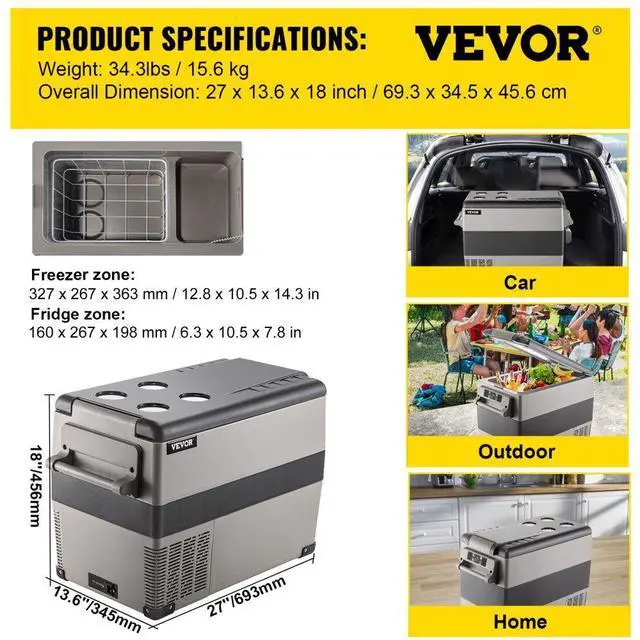 Alt view image 11 of 11 - VEVOR Car Fridge Freezer Cooler Mini Refrigerator 47.5qt Portable Lg Compressor 12/24v