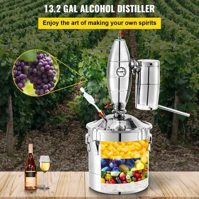 Alt view image 2 of 7 - VEVOR 50L 13.2Gal Water Alcohol Distiller 304 Stainless Steel Alcohol Still Wine Making Boiler Home Kit with Thermometer for Whiskey Brandy Essential, Sliver