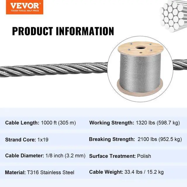 Alt view image 9 of 9 - VEVOR Cable Railing 1000ft Stainless Steel Wire Rope 1/8" Stainless Stranded Wire 1x19