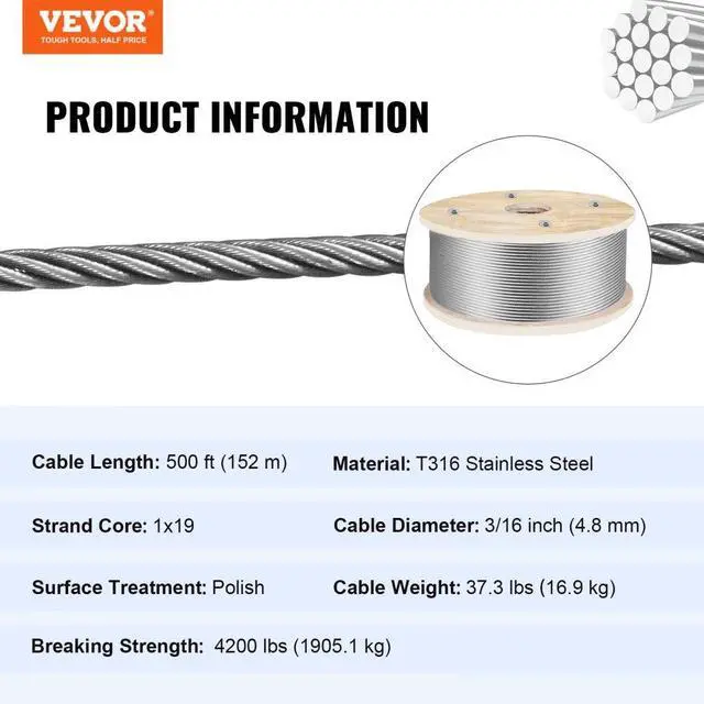Alt view image 8 of 8 - VEVOR 500ft 1x19 Stainless Steel Cable Wire Rope 3/16 Airline Business