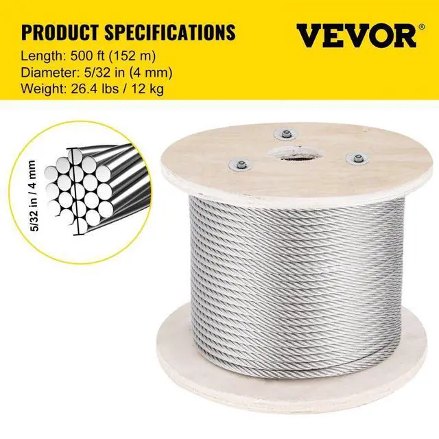 Alt view image 8 of 8 - VEVOR 500ft 1x19 Stainless Steel Cable Wire Rope 5/32 Lifting Fishery Mining