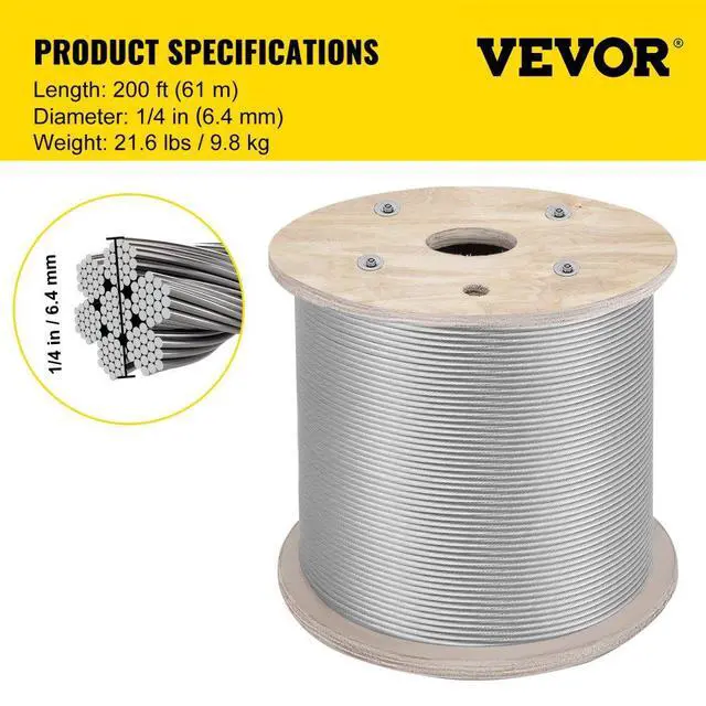 Alt view image 8 of 8 - VEVOR T304 Stainless Steel Cable Wire Rope,1/4",7x19,200ft Fishery Aircraft Strand