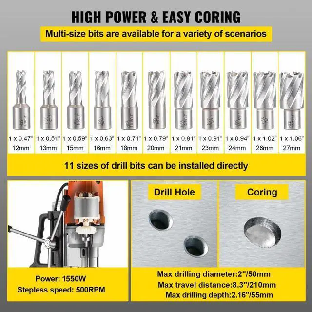 Alt view image 4 of 8 - VEVOR Md50 Magnetic Drill Press Set Annular Cutter Kit Mag Drill & 7 Pcs 2" Hss Cutter