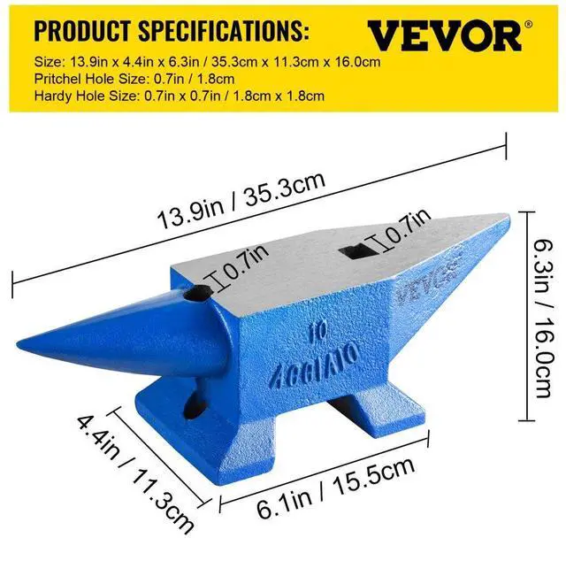 Alt view image 8 of 8 - VEVOR 22lb Blacksmith Anvil Steel Anvil 10kg Solid Heat Treated Round Horn Metal Work