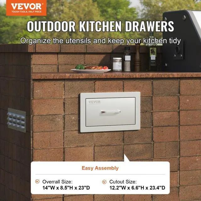 Alt view image 8 of 13 - VEVOR 8.5 x 14 BBQ Stainless Steel Single Drawers Flush Style + Handle Walled Island