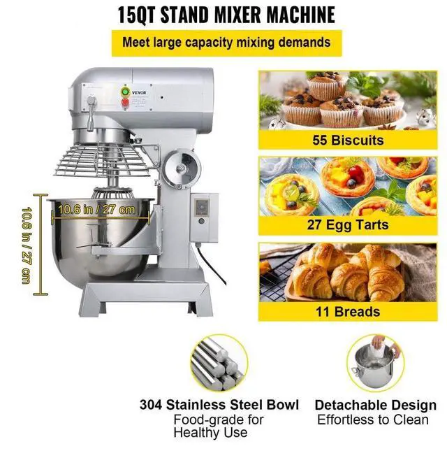 Alt view image 8 of 12 - VEVOR Commercial Electric Food Mixer 15Qt Stand Machine Dough Mixer 3 Speed 600W