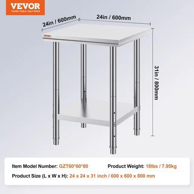 Alt view image 7 of 7 - Stainless Steel Commercial Kitchen Work Food Prep Table 24"x 24"