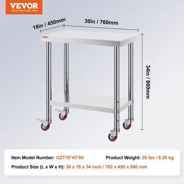 Alt view image 11 of 11 - VEVOR 30"x18" Kitchen Work Table With Wheels Shelving Rolling Adjustable Undershelf