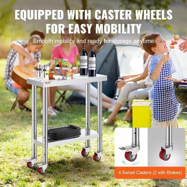 Alt view image 4 of 7 - VEVOR 30x12x34 Inch Stainless Steel Work Table 3-Stage Adjustable Shelf with 4 Wheels Heavy Duty Commercial Food Prep Worktable with Brake for Kitchen Prep Work