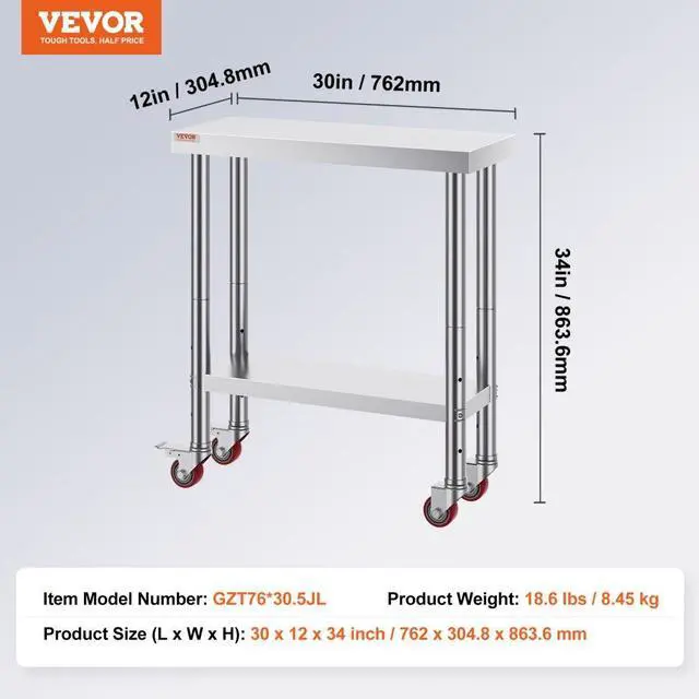 Alt view image 7 of 7 - VEVOR 30x12x34 Inch Stainless Steel Work Table 3-Stage Adjustable Shelf with 4 Wheels Heavy Duty Commercial Food Prep Worktable with Brake for Kitchen Prep Work