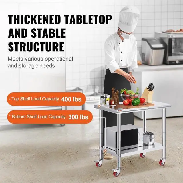 Alt view image 8 of 12 - VEVOR 36x24 Stainless Steel Work Table 4 Casters Easy Cleaning Overshelf Prep Tables