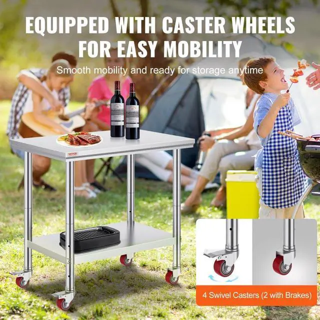 Alt view image 9 of 12 - VEVOR 36x24 Stainless Steel Work Table 4 Casters Easy Cleaning Overshelf Prep Tables