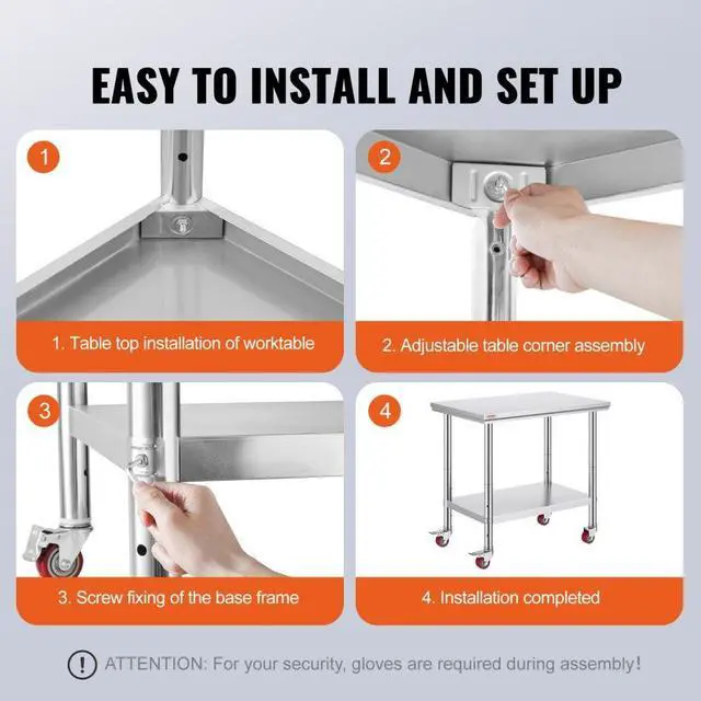 Alt view image 11 of 12 - VEVOR 36x24 Stainless Steel Work Table 4 Casters Easy Cleaning Overshelf Prep Tables