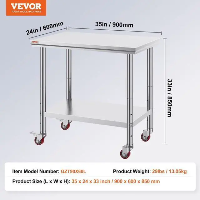 Alt view image 12 of 12 - VEVOR 36x24 Stainless Steel Work Table 4 Casters Easy Cleaning Overshelf Prep Tables
