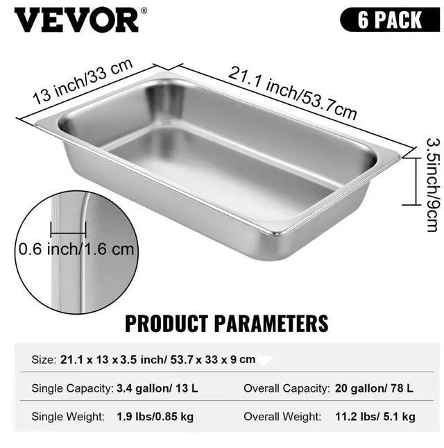 Alt view image 11 of 11 - VEVOR Steam Table Pans Bain-marie 6 Pack Catering Hotel Buffet Pans Buffet Food Pan